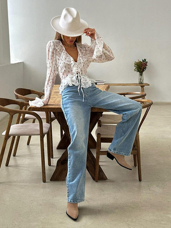 フローラルフリルブラウス、フロントタイ付き、Vネックベル、長袖、シアークロップトップ、レディース用、2025