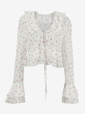 フローラルフリルブラウス、フロントタイ付き、Vネックベル、長袖、シアークロップトップ、レディース用、2025