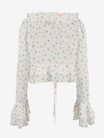 フローラルフリルブラウス、フロントタイ付き、Vネックベル、長袖、シアークロップトップ、レディース用、2025