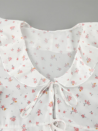 フローラルフリルブラウス、フロントタイ付き、Vネックベル、長袖、シアークロップトップ、レディース用、2025