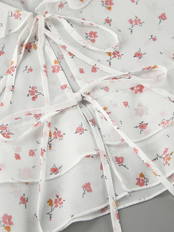 フローラルフリルブラウス、フロントタイ付き、Vネックベル、長袖、シアークロップトップ、レディース用、2025