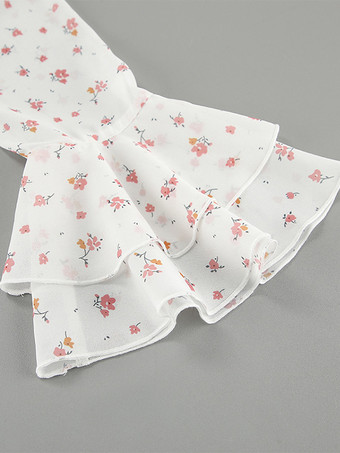 フローラルフリルブラウス、フロントタイ付き、Vネックベル、長袖、シアークロップトップ、レディース用、2025