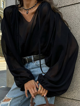 Schwarze übergroße Bluse mit Bindedetail V-Ausschnitt langen Laternen-Raglanärmeln lässige transparente Oberteile für Damen 2025