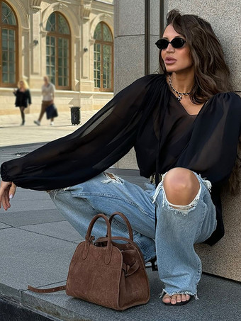 Schwarze übergroße Bluse mit Bindedetail V-Ausschnitt langen Laternen-Raglanärmeln lässige transparente Oberteile für Damen 2025