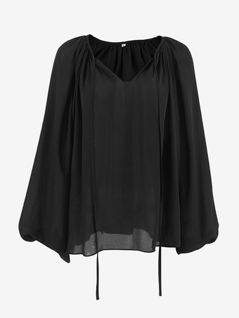 Schwarze übergroße Bluse mit Bindedetail V-Ausschnitt langen Laternen-Raglanärmeln lässige transparente Oberteile für Damen 2025