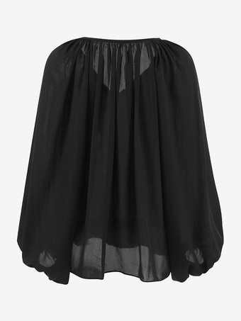 Schwarze übergroße Bluse mit Bindedetail V-Ausschnitt langen Laternen-Raglanärmeln lässige transparente Oberteile für Damen 2025
