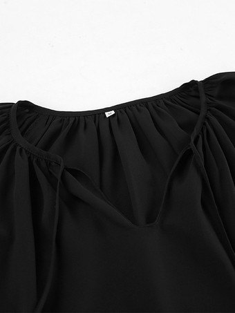 Schwarze übergroße Bluse mit Bindedetail V-Ausschnitt langen Laternen-Raglanärmeln lässige transparente Oberteile für Damen 2025