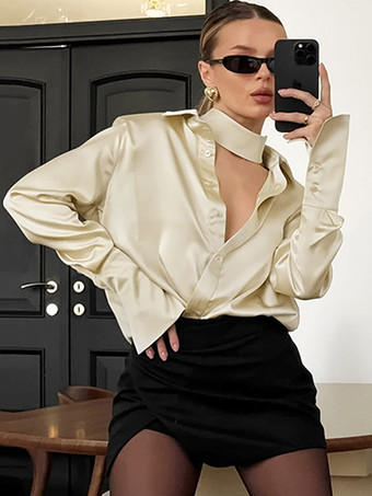 シャンパンカラーシャンパン サテン ブラウス チョーカー ターンダウンカラー 春 カジュアル 長袖 トップス レディース 2025