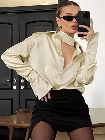 Champagne Satin Blouse With Choker Turndown Collar Spring