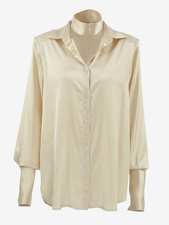 シャンパン サテン ブラウス チョーカー ターンダウンカラー 春 カジュアル 長袖 トップス レディース 2025