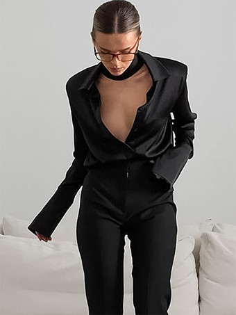 シャンパン サテン ブラウス チョーカー ターンダウンカラー 春 カジュアル 長袖 トップス レディース 2025