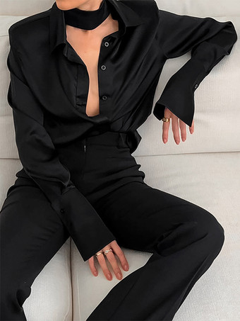 シャンパン サテン ブラウス チョーカー ターンダウンカラー 春 カジュアル 長袖 トップス レディース 2025