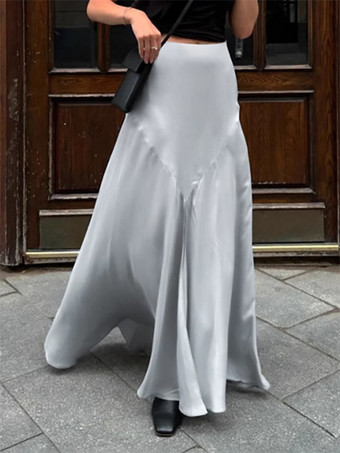 グレーのサテンスカート、スリット入り、ハイウエスト、無地、夏用、Aライン、ロングスカート、レディース、2025