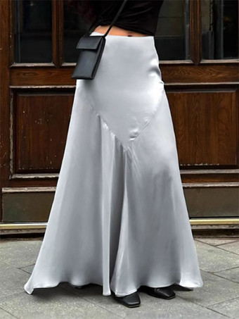 グレーのサテンスカート、スリット入り、ハイウエスト、無地、夏用、Aライン、ロングスカート、レディース、2025