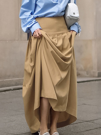 カーキ カーキ色のプリーツロングスカート ウエスト上げ 無地 エレガント 春 スカート レディース 2025