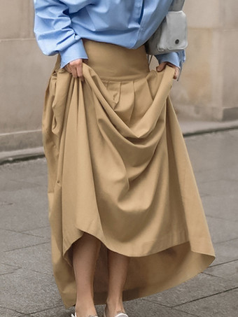 カーキ色のプリーツロングスカート ウエスト上げ 無地 エレガント 春 スカート レディース 2025