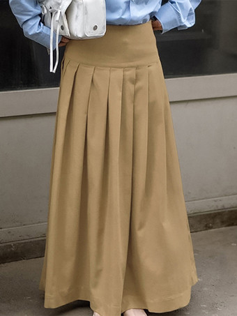 カーキ色のプリーツロングスカート ウエスト上げ 無地 エレガント 春 スカート レディース 2025