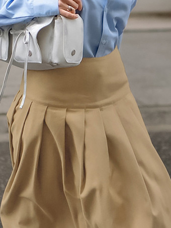 カーキ色のプリーツロングスカート ウエスト上げ 無地 エレガント 春 スカート レディース 2025