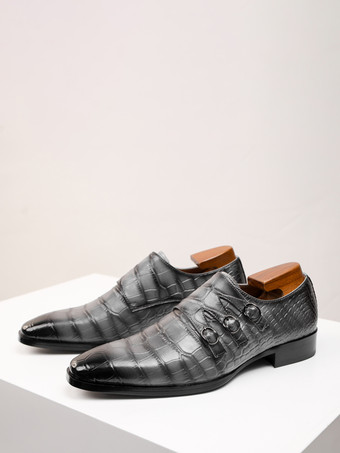 ダークグレー 男性用モンクシューズ 高品質スクエアトゥ メタルディテール レザー