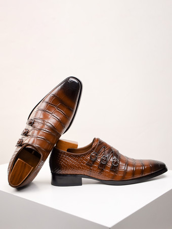 男性用モンクシューズ 高品質スクエアトゥ メタルディテール レザー