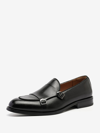 ブラック バックル付きラウンドトゥPUレザーモンクローファーシューズ（メンズ）