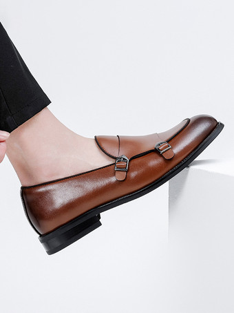 バックル付きラウンドトゥPUレザーモンクローファーシューズ（メンズ）