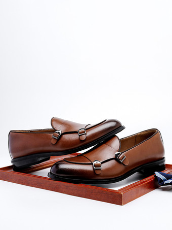 バックル付きラウンドトゥPUレザーモンクローファーシューズ（メンズ）