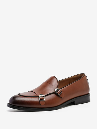 ブラウンバックル付きラウンドトゥPUレザーモンクローファーシューズ（メンズ）