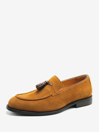 ラクダ色 メンズ タッセルローファー スエードレザー スクエアトゥ メンズローファーシューズ