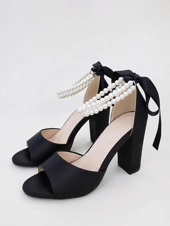 ブラック ブライダルサンダル ピンクサテン エレガント オープントゥ パール ウェディングサンダル