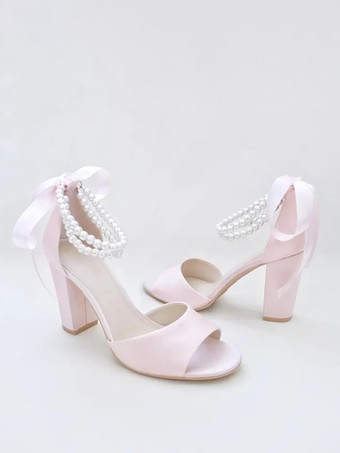 ブライダルサンダル ピンクサテン エレガント オープントゥ パール ウェディングサンダル