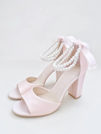 ピンクブライダルサンダル ピンクサテン エレガント オープントゥ パール ウェディングサンダル