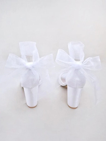 サテンのウェディングシューズ ホワイトリボン オープントゥ チャンキーヒール ブライダルシューズ