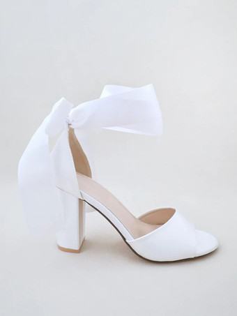 サテンのウェディングシューズ ホワイトリボン オープントゥ チャンキーヒール ブライダルシューズ