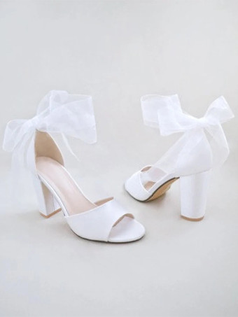 サテンのウェディングシューズ ホワイトリボン オープントゥ チャンキーヒール ブライダルシューズ