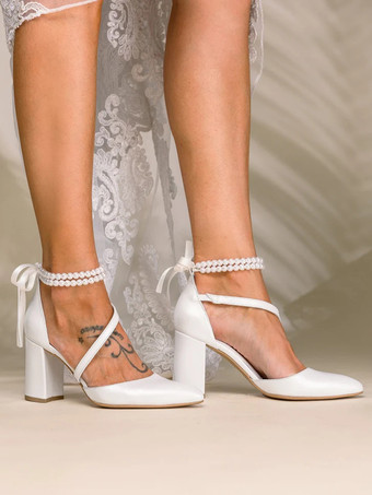 ハイヒール ウェディングシューズ チャンキーヒール ブライダル ポインテッドトゥ パール アンクルストラップ ブライダルシューズ