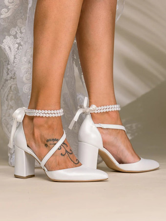 ハイヒール ウェディングシューズ チャンキーヒール ブライダル ポインテッドトゥ パール アンクルストラップ ブライダルシューズ