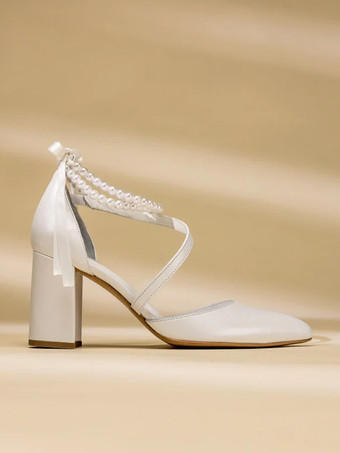 ハイヒール ウェディングシューズ チャンキーヒール ブライダル ポインテッドトゥ パール アンクルストラップ ブライダルシューズ
