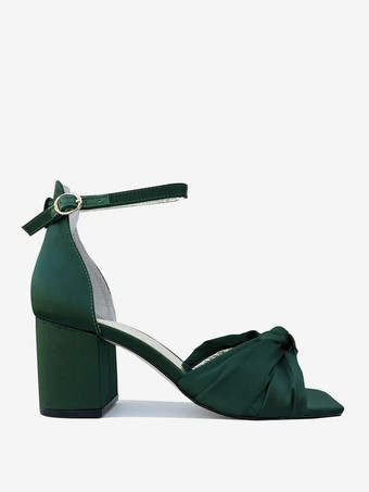 グリーンのブライズメイドシューズ サテンリボン オープントゥ チャンキーヒール レースアップ ウェディングシューズ