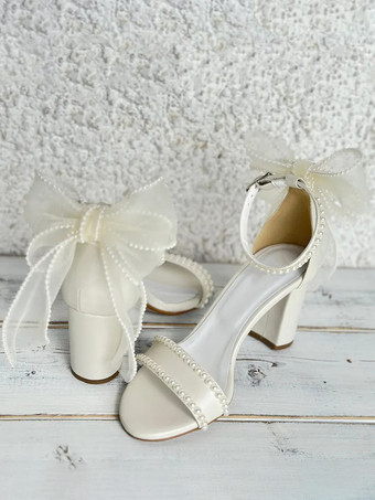 アイボリー ウェディングシューズ サテン オープントゥ パール ボウ チャンキーヒール ブライダルサンダル