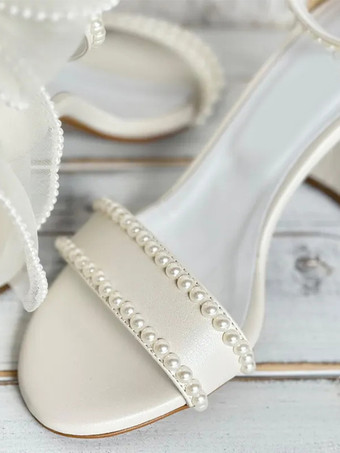 アイボリー ウェディングシューズ サテン オープントゥ パール ボウ チャンキーヒール ブライダルサンダル