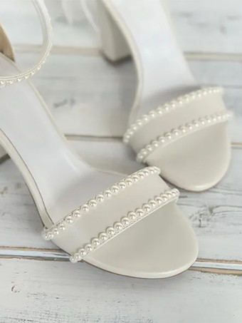 アイボリー ウェディングシューズ サテン オープントゥ パール ボウ チャンキーヒール ブライダルサンダル