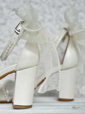 アイボリー ウェディングシューズ サテン オープントゥ パール ボウ チャンキーヒール ブライダルサンダル