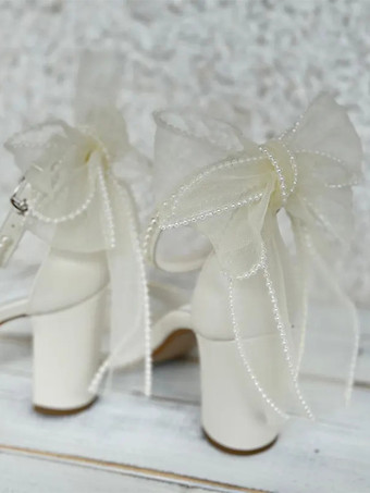 アイボリー ウェディングシューズ サテン オープントゥ パール ボウ チャンキーヒール ブライダルサンダル