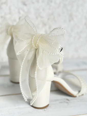 アイボリー ウェディングシューズ サテン オープントゥ パール ボウ チャンキーヒール ブライダルサンダル