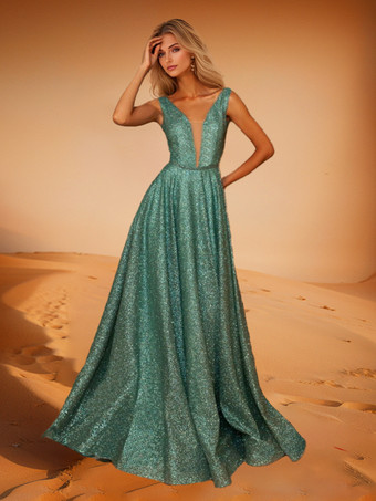 セージグリーンイブニングドレス Aライン Vネック ポリエステル トレーン付き フォーマルディナードレス