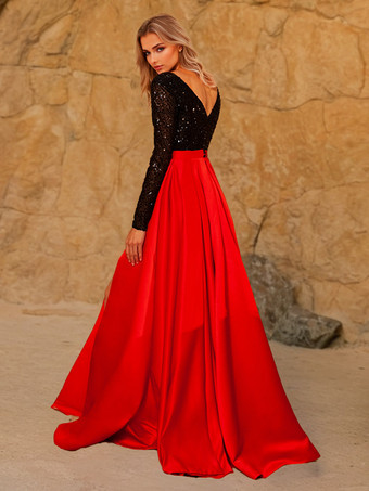 イブニングドレス Aライン Vネック スイープ ロングスリーブ ウェディングドレス 機能的なボタン スパンコール サテン生地 社交パーティードレス