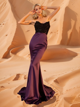 パープル イブニングドレス ボールガウン ストラップレス トレーン付き ノースリーブ ジッパー スパンコール サテン生地 フォーマル ディナードレス