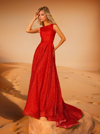 レッド イブニングドレス Aライン ジュエルネック ポリエステル トレーン付き 社交パーティードレス