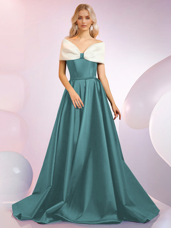 シアンイブニングドレス Aラインデザイン ネックラインスイープ 半袖 ジッパーリボン サテン生地 フォーマルディナードレス